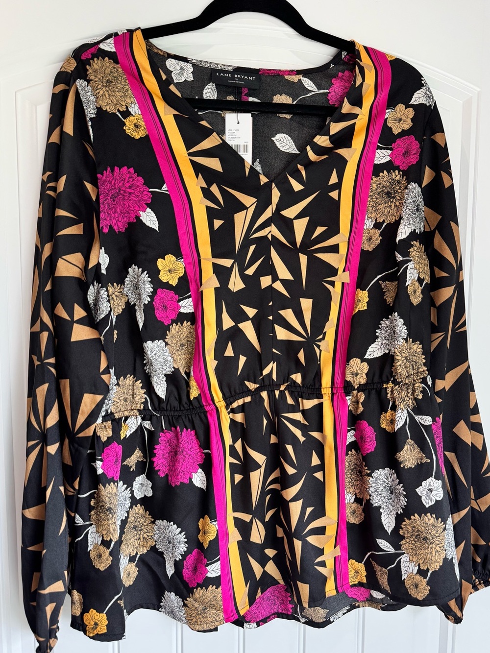 Lane Bryant Black Floral Geometric Peplum Top with Pink & Gold NWT